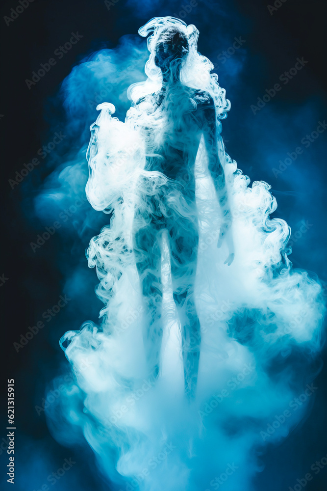 Mystical silhouette of man ascending in a blue mist evokes a sense of ...