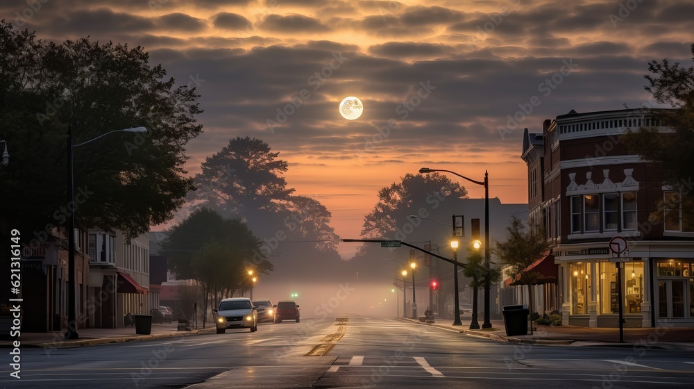 Statesboro, GA, United States Full Moon on a Daybreak - sunset over the city, Generative AI