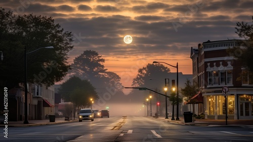 Statesboro, GA, United States Full Moon on a Daybreak - sunset over the city, Generative AI © Ameer