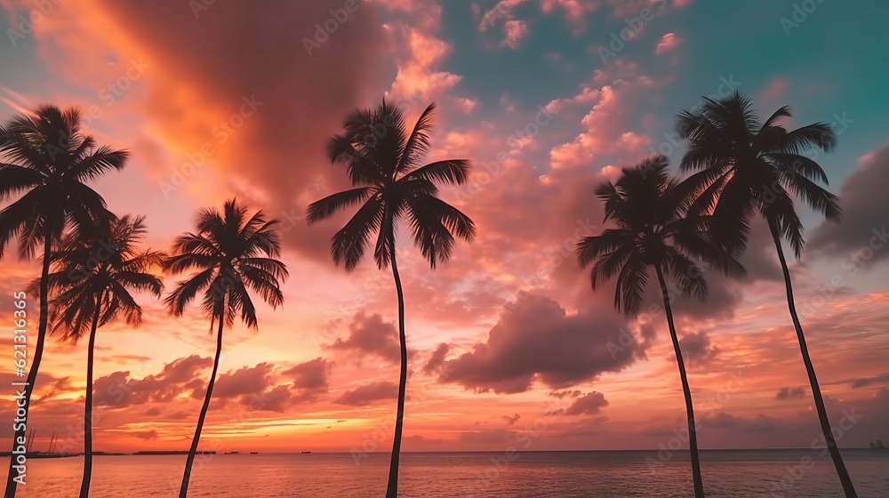 Silhouette coconut palm trees: stunning sunset landscape with colorful clouds, Generative AI