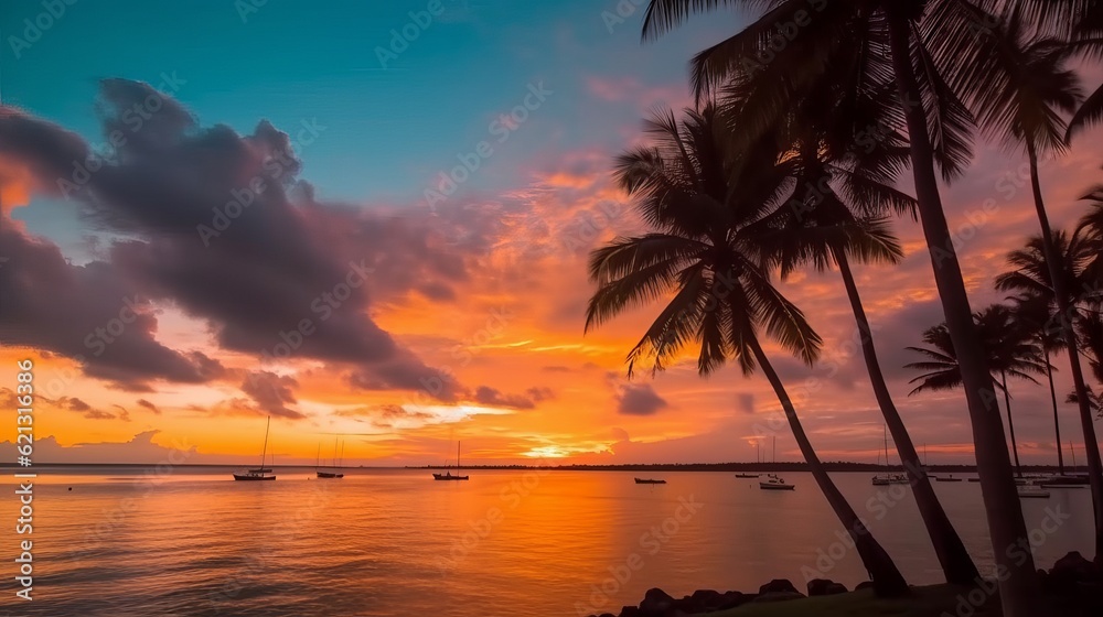 Silhouette of coconut palm trees in a stunning sunset: A breathtaking nature landscape with vibrant colors and mesmerizing clouds, Generative AI