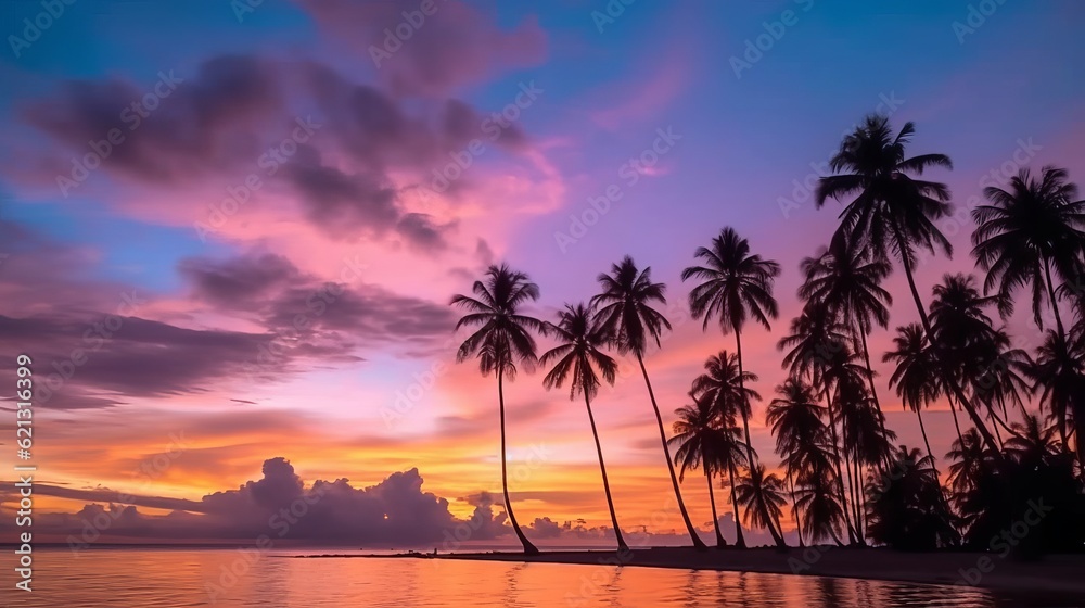 Silhouette of coconut palm trees in a stunning sunset: A breathtaking nature landscape with vibrant colors and mesmerizing clouds, sunset over the ocean, Generative AI