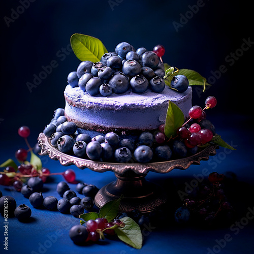 round cake with blueberries on a stand created with Generative Ai