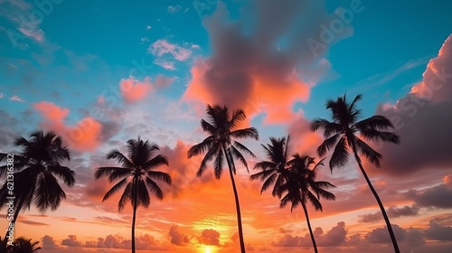 Silhouette of coconut palm trees in a breathtaking sunset  A stunning nature landscape with vibrant colors and serene sky  Generative AI