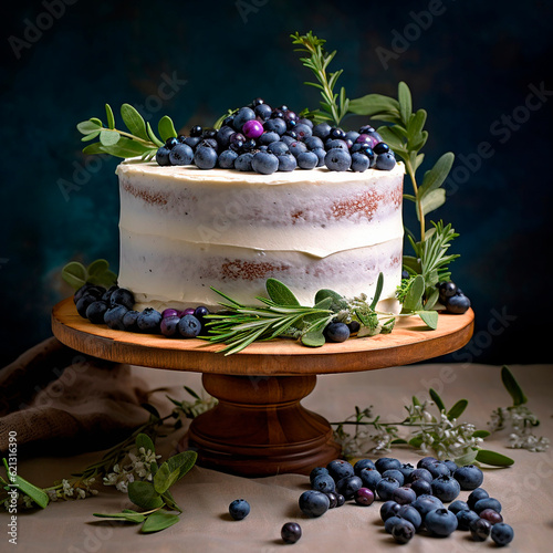 round cake with blueberries on a stand created with Generative Ai