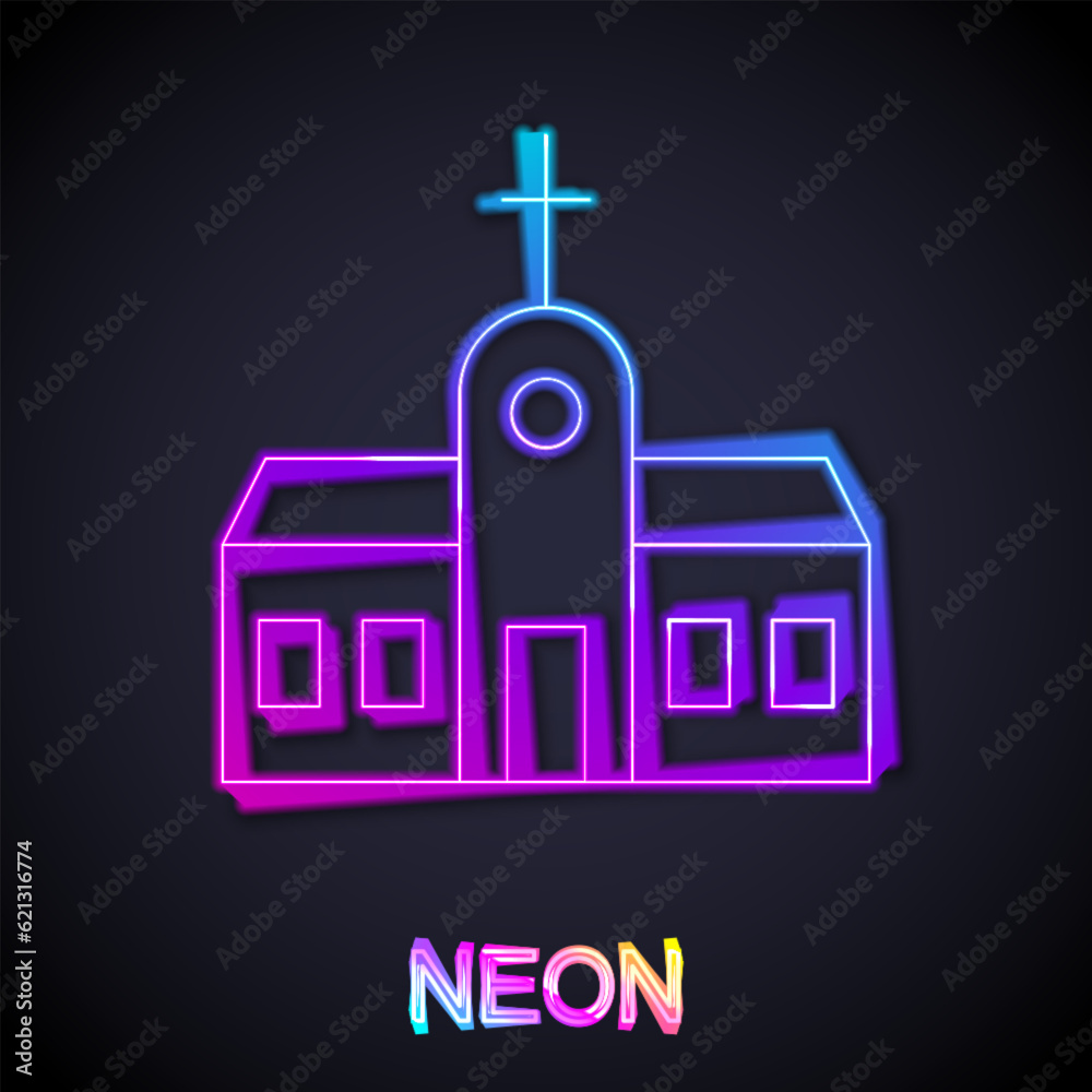 Obraz premium Glowing neon line Church building icon isolated on black background. Christian Church. Religion of church. Vector