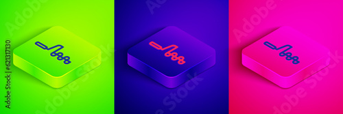 Isometric line Hand ice drill for winter fishing icon isolated on green, blue and pink background. Square button. Vector