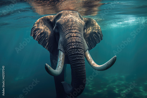 A beautiful photo head on underwater of an elephant swiming in the ocean,ai generater