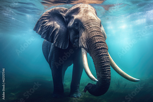 A beautiful photo head on underwater of an elephant swiming in the ocean,ai generater
