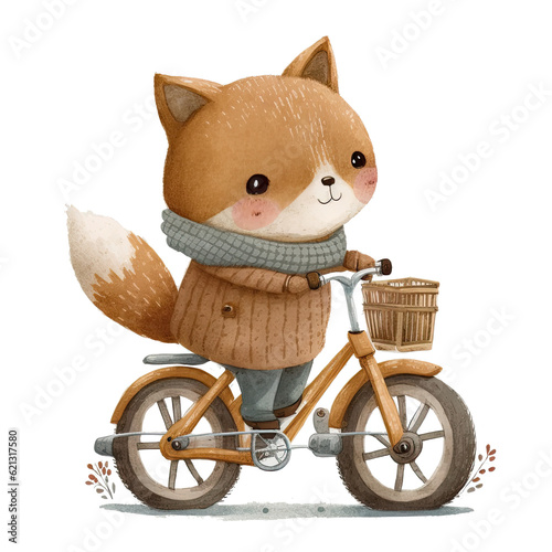 Fox on a bike Watercolor adorable illustration kawaii children's book, digital art Sublimation Clipart