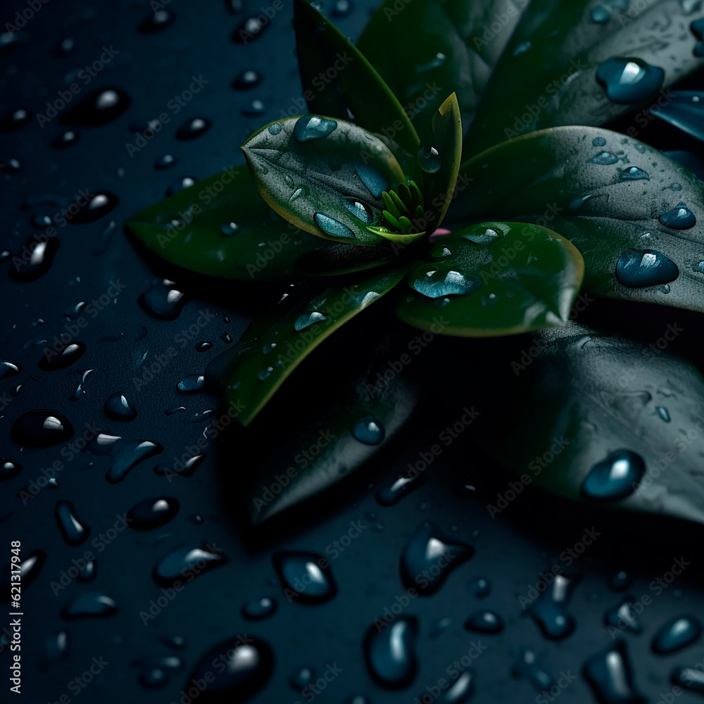 water drops on black leaf background created with Generative Ai water drops on black leaf background created with Generative Ai