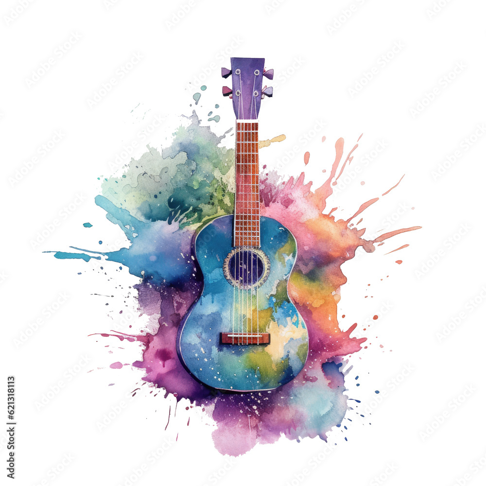 Watercolor Ukulele Clipart showcasing a whimsical ukulele with a dreamy