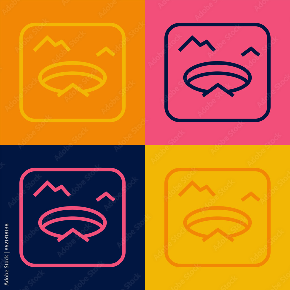Pop art line Winter fishing icon isolated on color background. Round ice frame. Hole in ice. Vector Pop art line Winter fishing icon isolated on color background. Round ice frame. Hole in ice. Vector