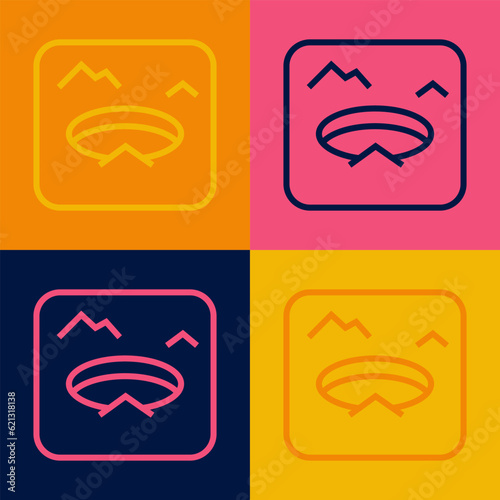 Pop art line Winter fishing icon isolated on color background. Round ice frame. Hole in ice. Vector