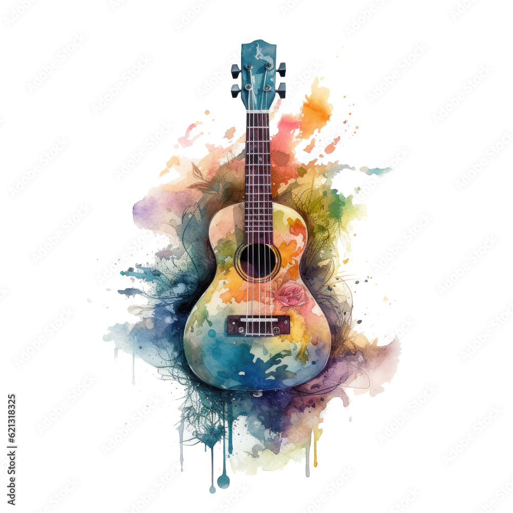 Watercolor Ukulele Clipart showcasing a whimsical ukulele with a dreamy, ethereal feel, adorned with celestial elements such as stars and clouds, Generative Ai