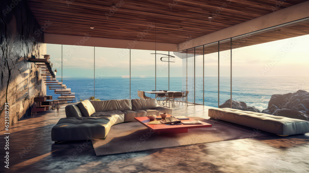 Fototapeta premium 3D render, Modern Interior Ocean Concept: Embracing the Timeless Elegance and Tranquility of Aesthetics, Creating a Harmonious Fusion of Indoor and Outdoor Spaces