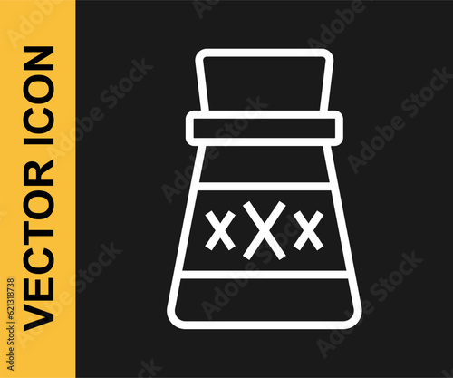 White line Bottle with potion icon isolated on black background. Flask with magic potion. Happy Halloween party. Vector