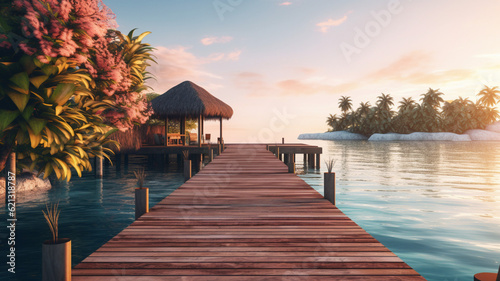 Wooden jetty in a luxury resort. Ocean view. AI generated