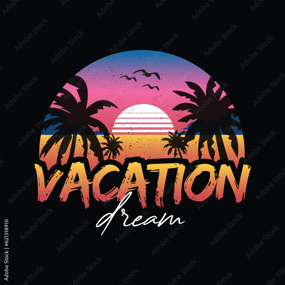 Illustration of vintage sunset tropical island, vacation palm tree silhouette, sunset over the sea vector design for t-shirt, sticker and more