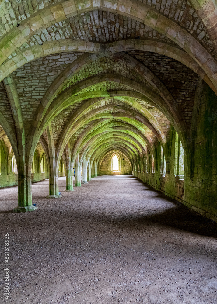 Detail of the cellareum vaulted ceiling of Fountains Abbey in Yorkshire, United Kingdom