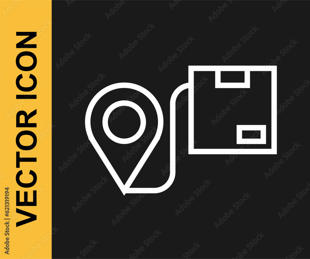 White line Location with cardboard box icon isolated on black background. Delivery services, logistic and transportation, distribution. Vector