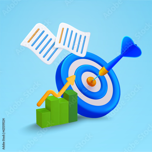 3d growing bar char, line chart with arrow, bull eye target with dart, documents, isolated on white background. Banner concept for target revenue, profitable business, invest. 3d vector illustration