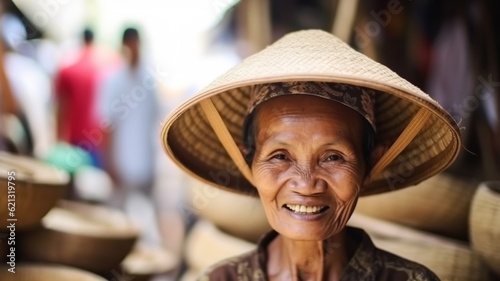 asian old woman with braided sun hat, seller of hats