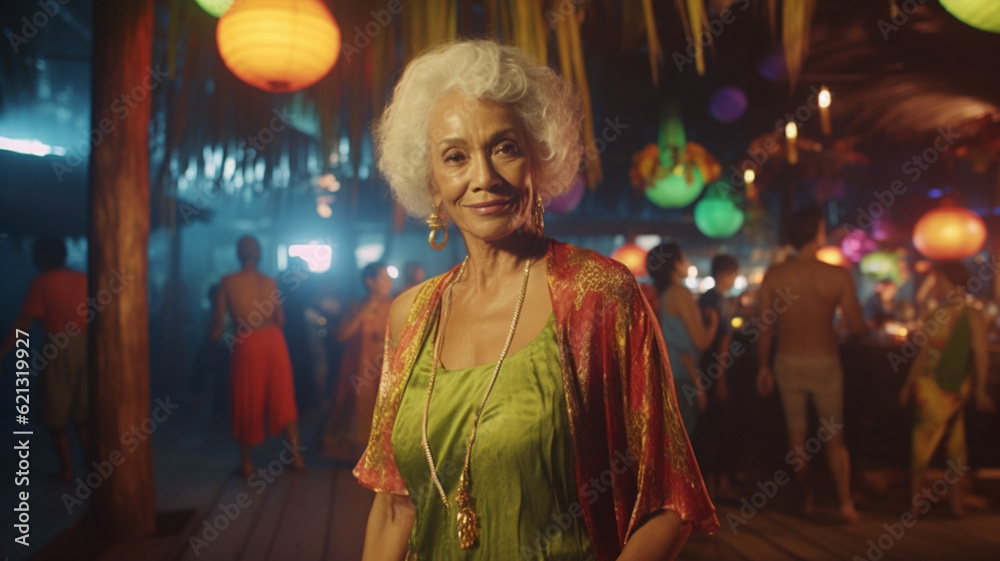 Elderly old woman, asian, medium length hairstyle, gray hair, in a beach bar, city life or tourist or local, city walk or nightlife or vacation, going out, portrait, fictional place