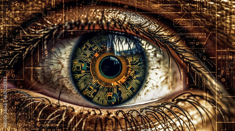 digital and golden, human eye, eyes wide open, crypto and technology and artificial intelligence and computer network and online internet digital, fictional background