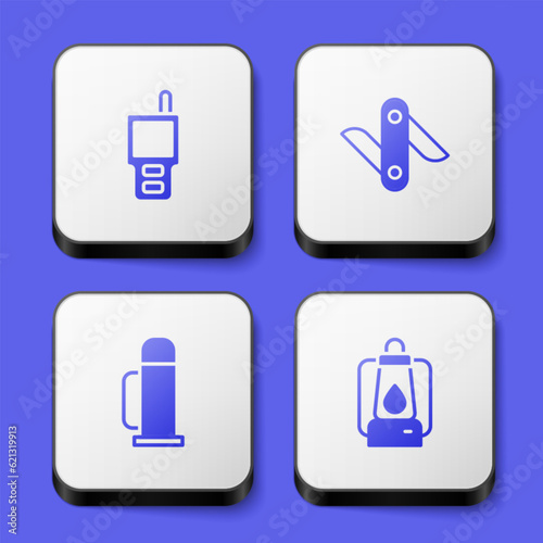 Set Walkie talkie, Swiss army knife, Thermos container and Camping lantern icon. White square button. Vector