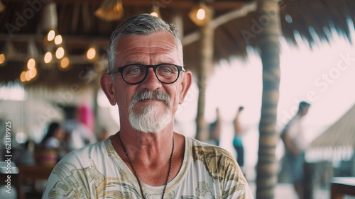 elderly man, pensive or sad, worries and problems, beach bar or beach restaurant, fictional place