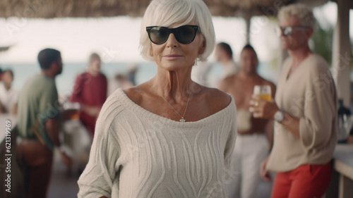 elderly old woman, caucasian, tropical beach bar, short hairstyle, gray hair, tourist or expatriate, vacation, portrait, fictional place