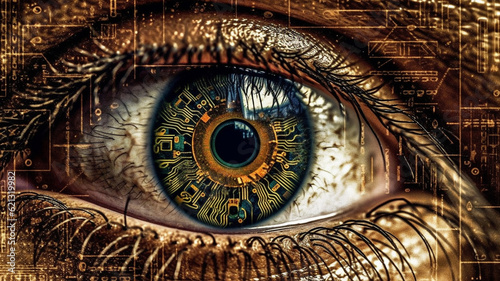 digital and golden  human eye  eyes wide open  crypto and technology and artificial intelligence and computer network and online internet digital  fictional background
