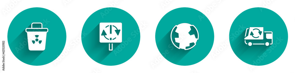 Set Infectious waste, Recycle symbol, Earth globe and Garbage truck icon with long shadow. Vector Set Infectious waste, Recycle symbol, Earth globe and Garbage truck icon with long shadow. Vector