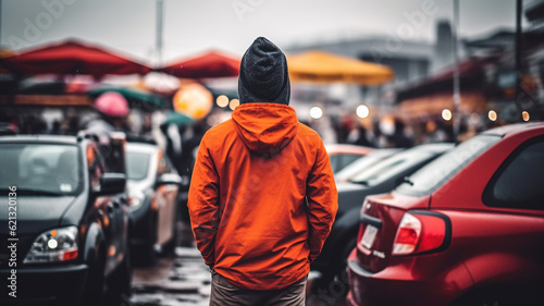 parking lot with cars, rainy weather, man wearing orange raincoat and hoodie, rear view, fictional place like a market or town or event
