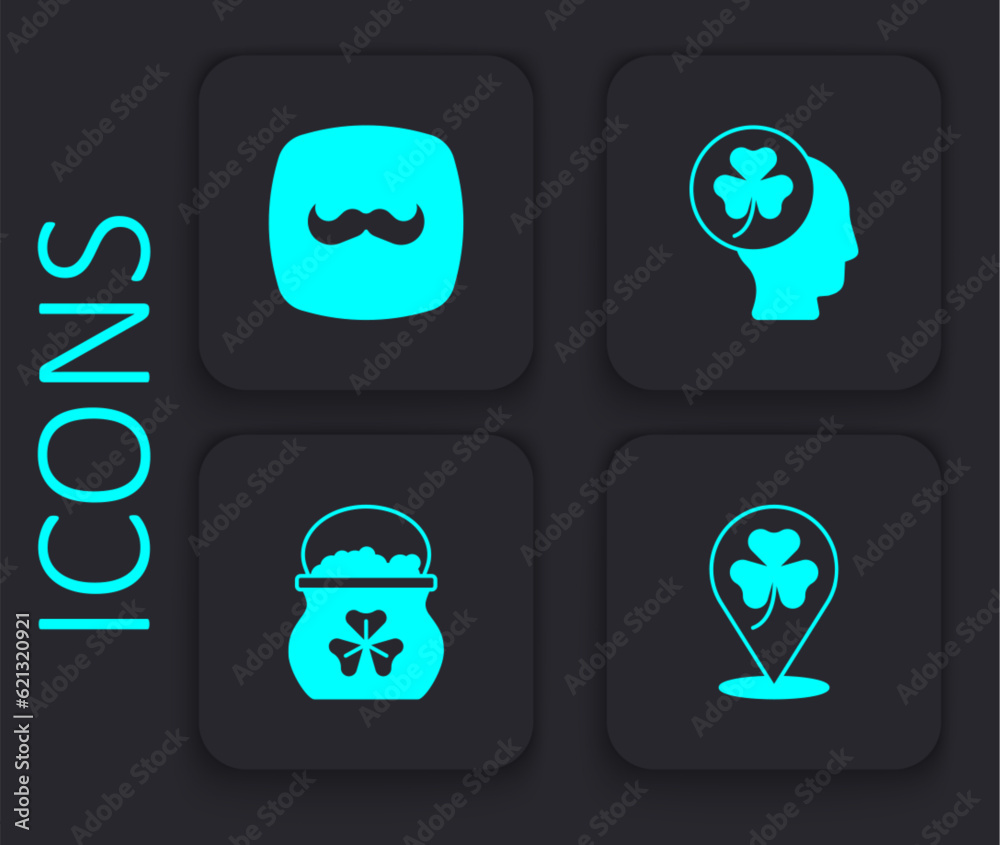 Set Clover trefoil leaf, Mustache, Head with clover and Pot of gold coins icon. Black square button. Vector Set Clover trefoil leaf, Mustache, Head with clover and Pot of gold coins icon. Black square button. Vector