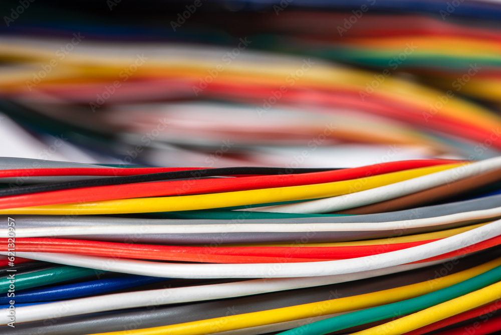 Colored electric cable in telecommunication and computer systems, close-up Colored electric cable in telecommunication and computer systems, close-up