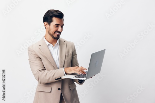 man work computer freelancer laptop smiling copyspace internet business suit job