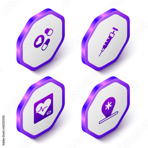 Set Isometric Medicine pill or tablet, Syringe, Heart rate and Location hospital icon. Purple hexagon button. Vector