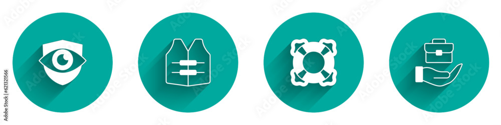 Set Shield and eye, Life jacket, Lifebuoy and Hand holding briefcase icon with long shadow. Vector Set Shield and eye, Life jacket, Lifebuoy and Hand holding briefcase icon with long shadow. Vector