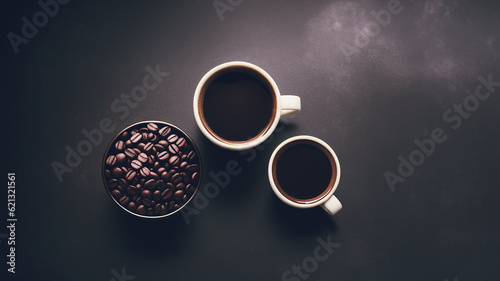 illustrazione con tazze di caffè espresso e chicchi di caffè tostato su superficie scura, vista dall'alto, Generative Ai