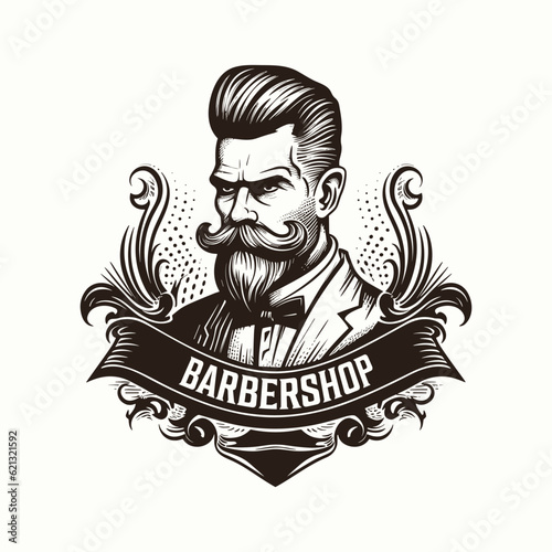 Men logo design, with bushy mustache and beard, masculine, handsome, cool, used for haircut, barbershop, and model, abstract, black and white, vintage simple design template vector illustration