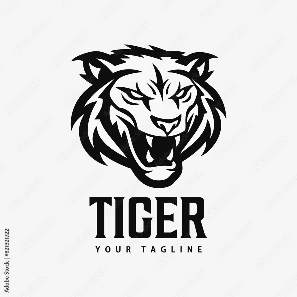 Tiger logo, mascot tiger head, simple, modern, vintage, black and white, design template vector illustration