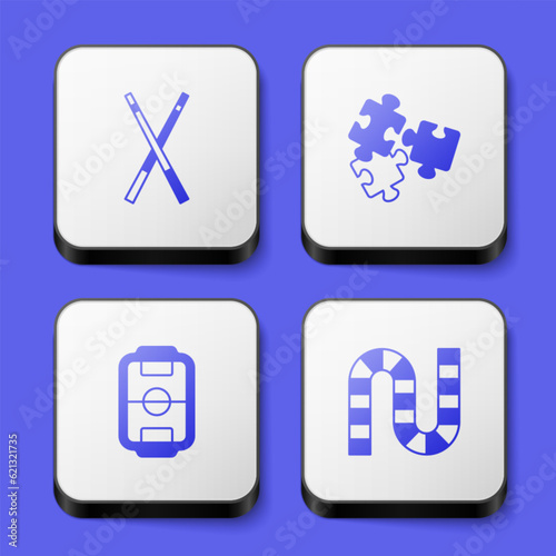 Set Crossed billiard cues, Puzzle pieces toy, Table football and Board game icon. White square button. Vector