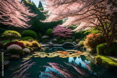 A tranquil garden with a koi pond and cherry blossom trees.