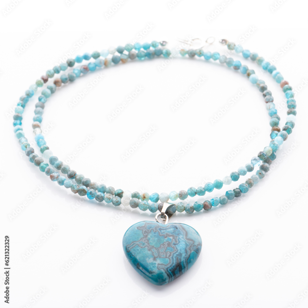 Gemstone beaded necklace with heart pendant. Energy crystals, healing stone jewelry. Handmade accessories. Birthstones.