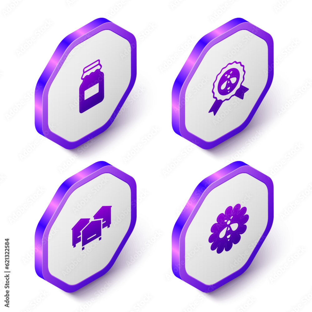 Set Isometric Jar of honey, Best bee, Hive for bees and Bee flower icon. Purple hexagon button. Vector Set Isometric Jar of honey, Best bee, Hive for bees and Bee flower icon. Purple hexagon button. Vector