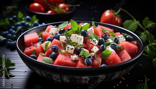 Watermelon salad with feta cheese and black olives