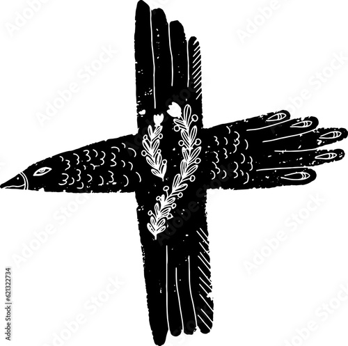 Stylized bird. Hand-drawn illustration in linocut style. Black vector element for design