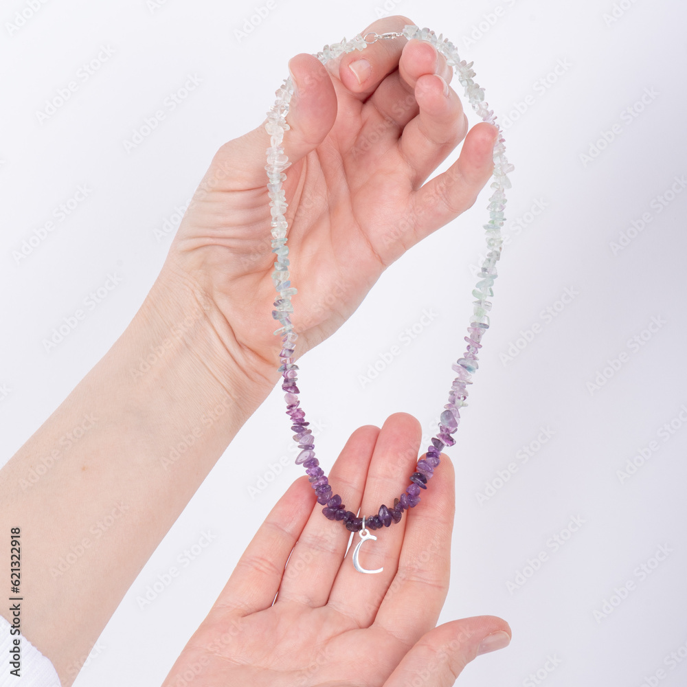 Gemstone beaded necklace. Healing natural stones. Handmade jewelry with silver pendant.